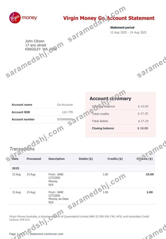 United Kingdom Virgin Money Go Account bank Statement